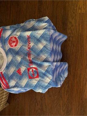 adidas Blue and White Wave-Pattern Soccer Jersey with Red Trim